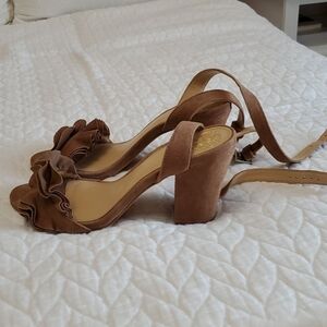 Vince Camuto suede neutral basic block heel sandal with ruffle